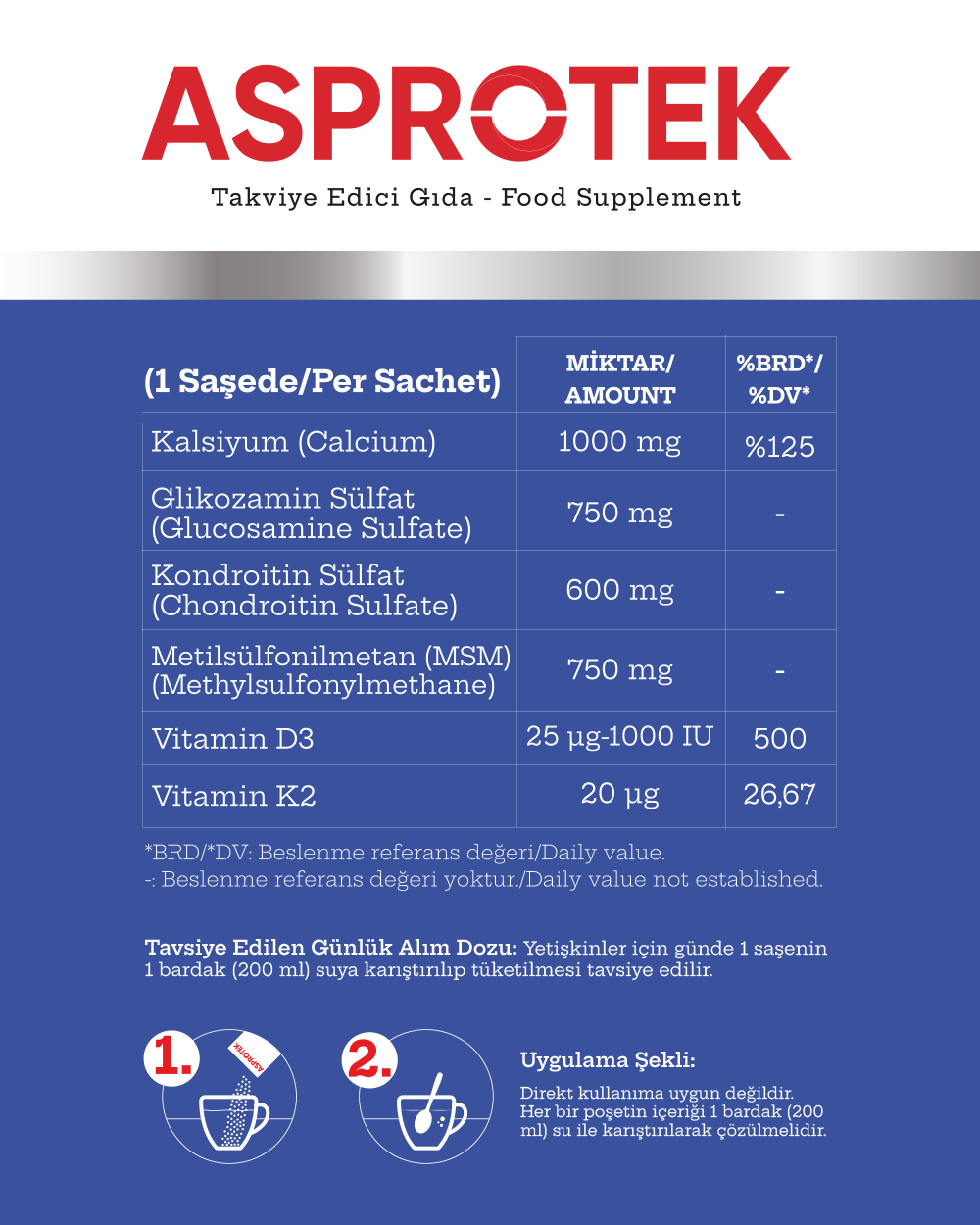 ASPROTEK (Glucosamine, Chondroitin, MSM, Calcium) 30 Sachets