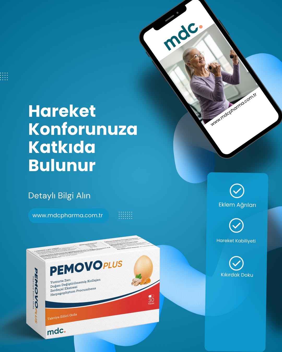 MDC Pemovo Plus 30 Tablet 2'Lİ PAKET (SAF YUMURTA KABUĞU ZARI, TİP 2 KOLAJEN, ŞEYTAN PENÇESİ VE ZERDEÇAL EKSTRESİ) (Kopya)