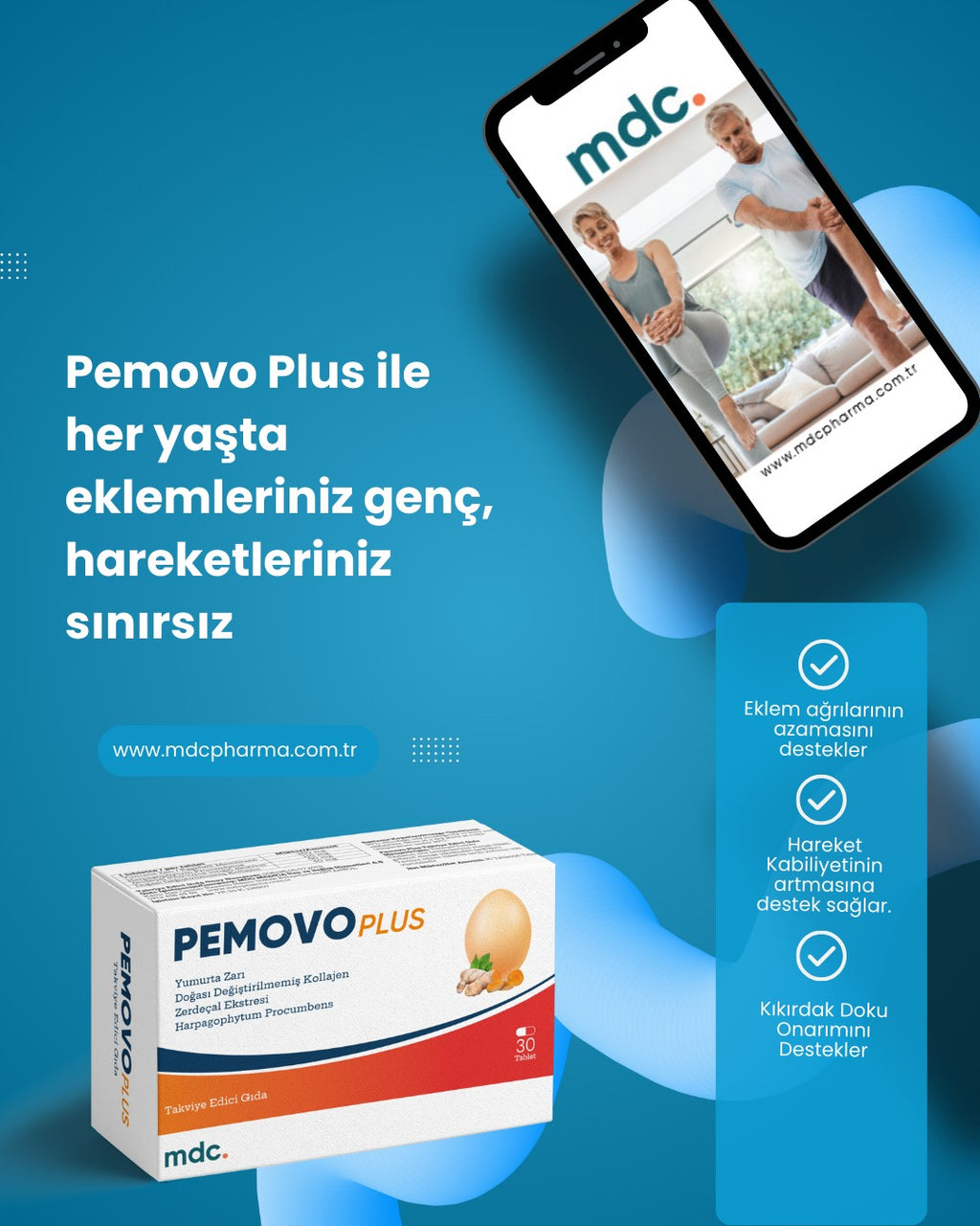 MDC Pemovo Plus 30 Tablet 2'Lİ PAKET (SAF YUMURTA KABUĞU ZARI, TİP 2 KOLAJEN, ŞEYTAN PENÇESİ VE ZERDEÇAL EKSTRESİ) (Kopya)