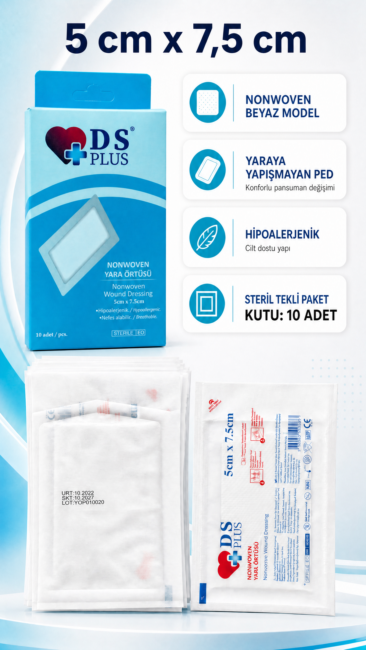 DS Plus Yara Örtüsü 5 cm x 7.5 cm Nonwoven Steril ve Hijyenik ( 10'lu Kutu)