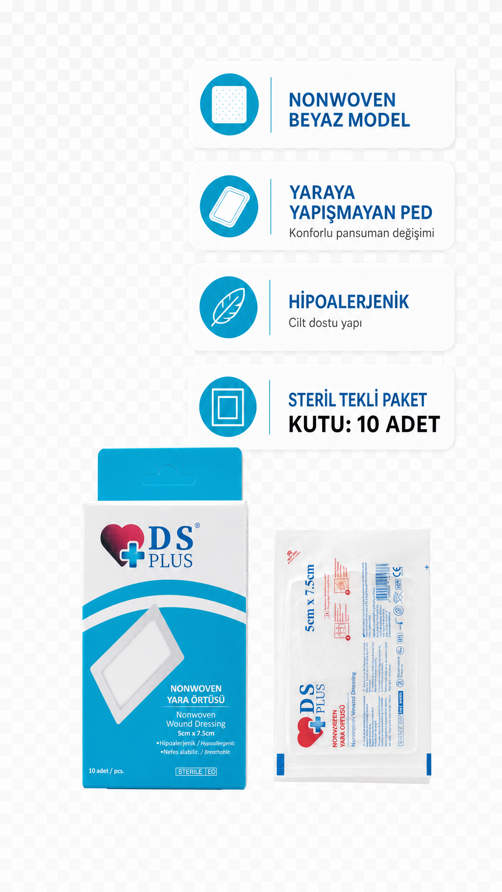 DS Plus Yara Örtüsü 5 cm x 7.5 cm Nonwoven Steril ve Hijyenik ( 10'lu Kutu)