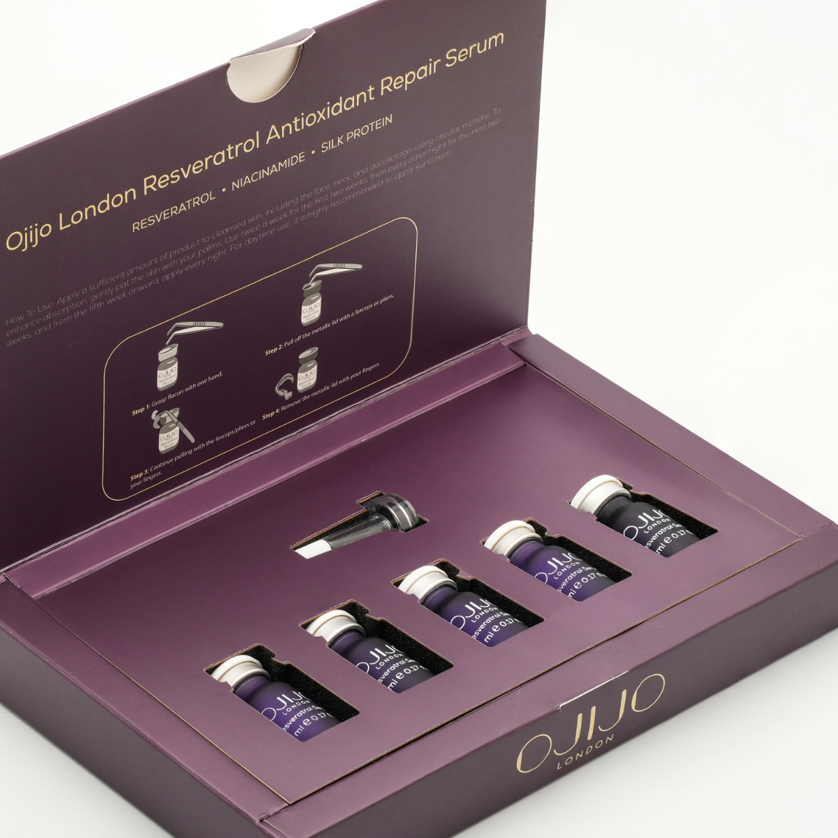 Ojijo London Onarıcı Ve Yenileyici Resveratrol Antioksidan Cilt Bakım Serumu 25 ML– Leke ve Yaşlanma Karşıtı Etki – 5 x 5 ml