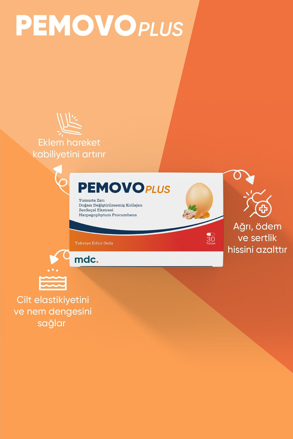 MDC Pemovo Plus 30 Tablet 2'Lİ PAKET (SAF YUMURTA KABUĞU ZARI, TİP 2 KOLAJEN, ŞEYTAN PENÇESİ VE ZERDEÇAL EKSTRESİ) (Kopya)